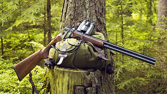 Eine Jagdflinte liegt auf einem grünen Rucksack, abgestützt auf einem Baumstumpf im Wald.