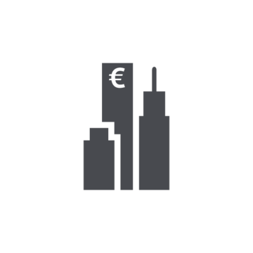 Silhouetten von drei urbanen Hochhäusern in dunkler Farbgebung mit einem Mondsymbol auf einer Fassade.