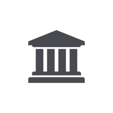 Graues Symbol eines klassischen Gebäudes mit Säulen, das einen Tempel oder eine öffentliche Institution darstellen könnte.