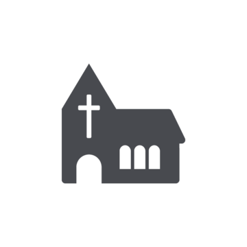 Eine stilisierte Kirche mit einem spitzen Dach, einem Kreuz auf dem Dach und großen Fenstern.