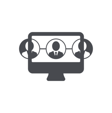Symbol eines Computers mit drei Personen, die miteinander verbunden sind, was Kommunikation oder virtuelle Meetings darstellt.