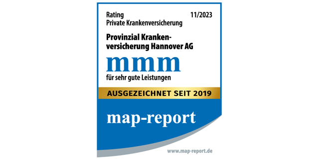 Auszeichnung für die Provinzial Krankenversicherung Hannover AG mit "mmm" für sehr gute Leistungen, map-report, gültig bis 12/2024.