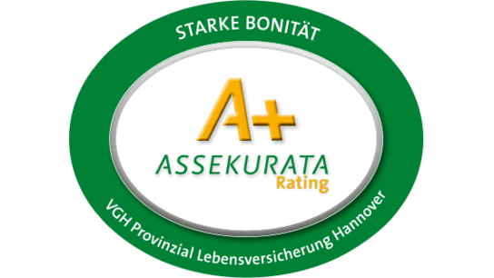 Logo mit der Bewertung A+ für die VGH Provinzial Lebensversicherung Hannover, mit dem Hinweis auf starke Bonität.