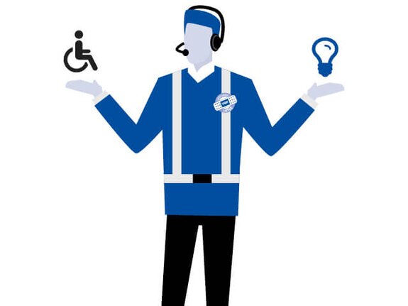 Person im blauen Outfit mit Headset, die eine Rollstuhl- und eine Glühbirnen-Ikone in den Händen hält.